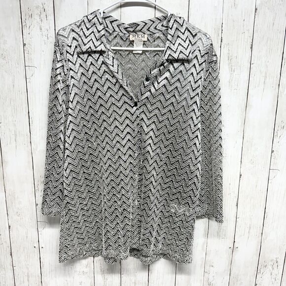 VTG MKM Designs Women Size 2X Button Down Tops Plus Stripes Silver Sheer Short - Picture 1 of 3